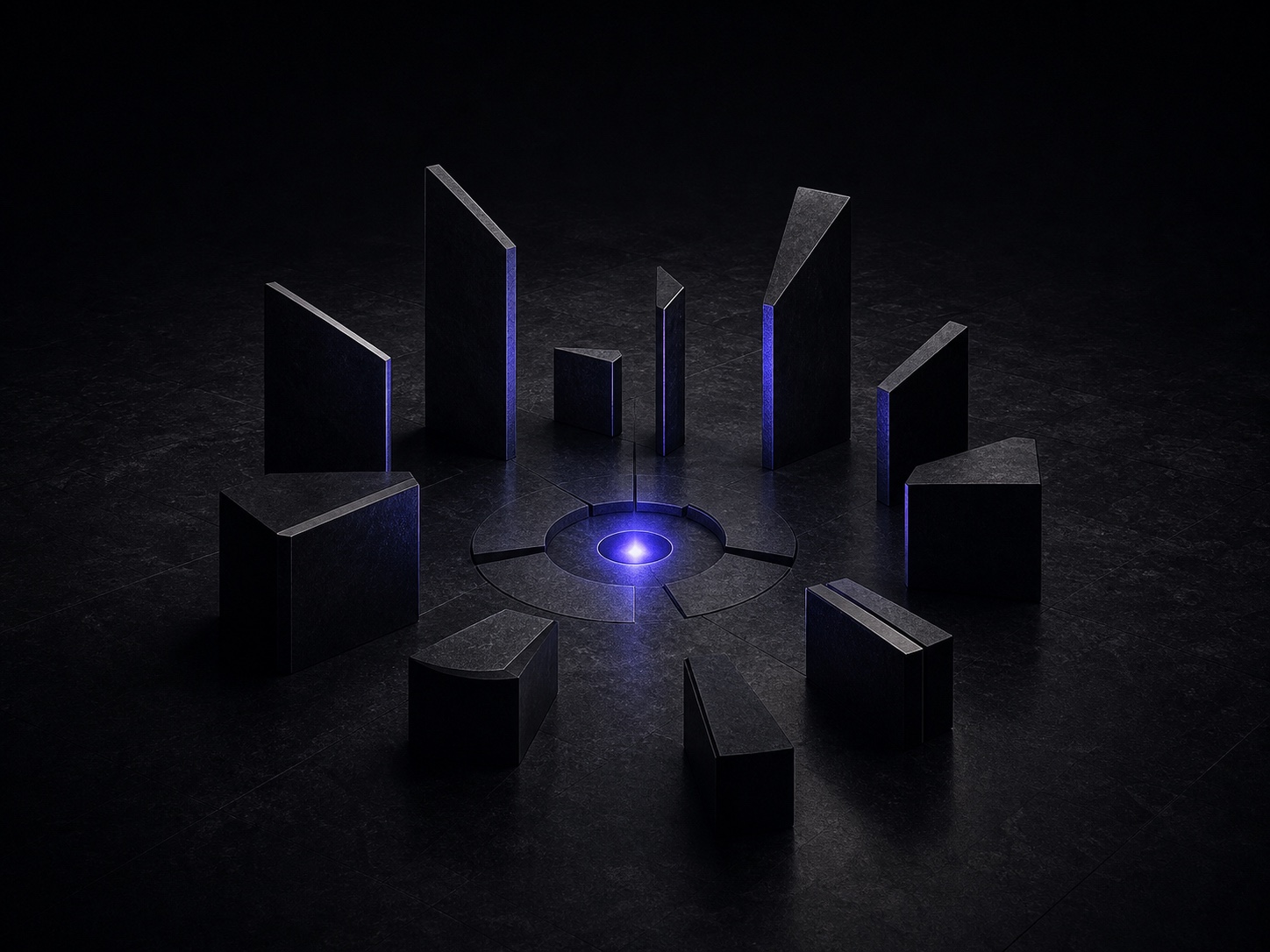 Dark architectural forms gathering around one controlled indigo light, representing shared AI practice.
